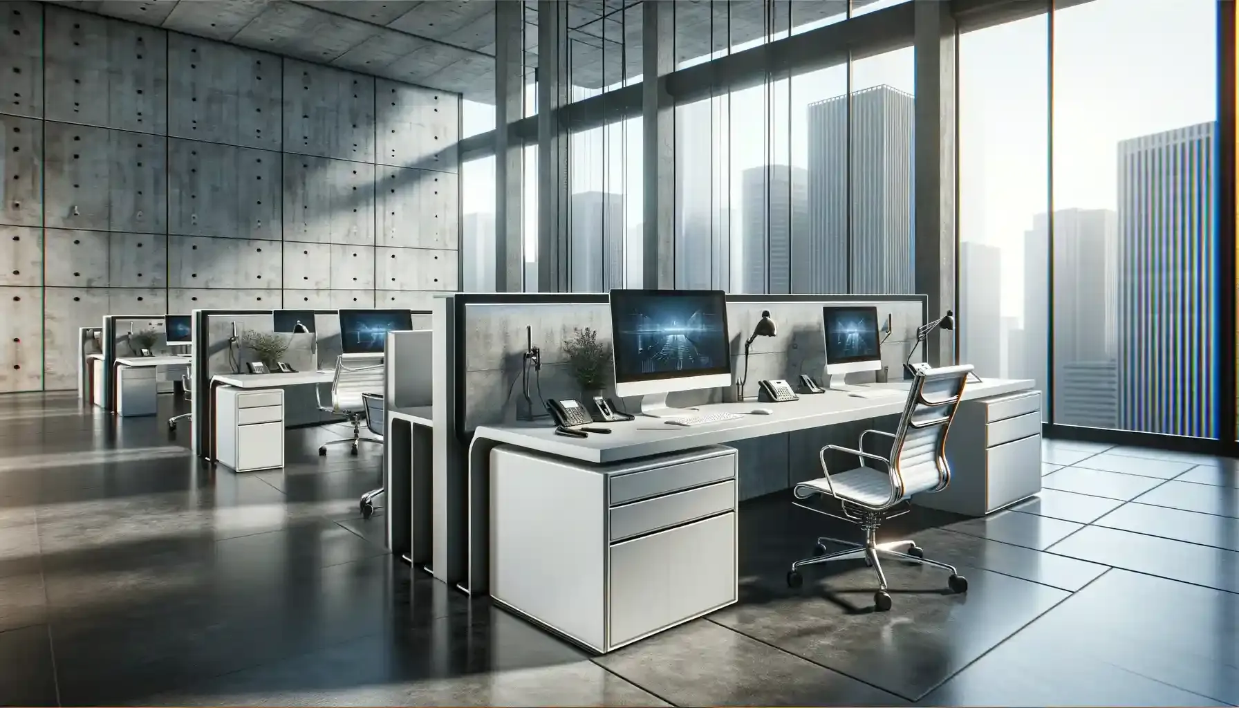 Modern office workspaces with a city view